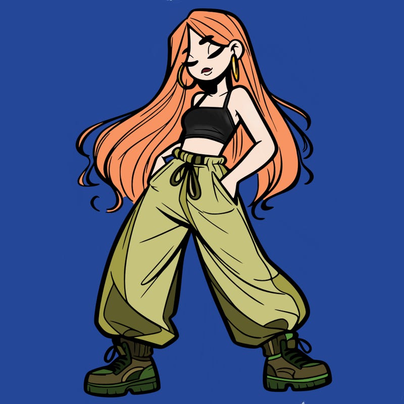 girl in baggy pants crop top and long hair