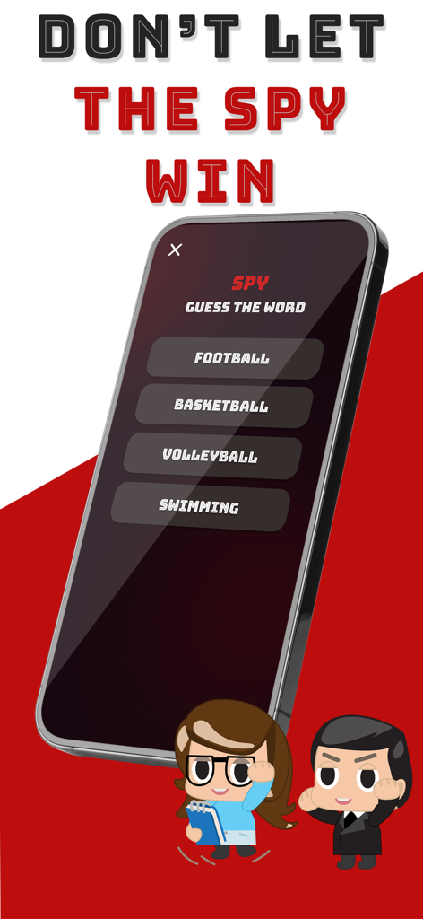 Capture d'écran de l'application Spy Game montrant l'interface de l'espion et les choix de mots