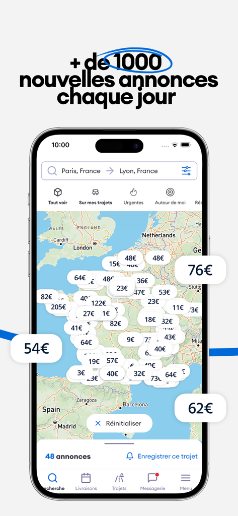 Cocolis, covoiturage de colis - Pantalla de la aplicación móvil Cocolis que muestra un mapa con numerosos anuncios de entrega y ganancias potenciales para los viajeros