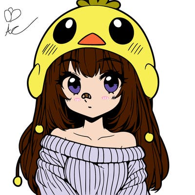 anime girl with chick shaped hat with sweater with bare shoulders with bangs covering them one eye with low tail
