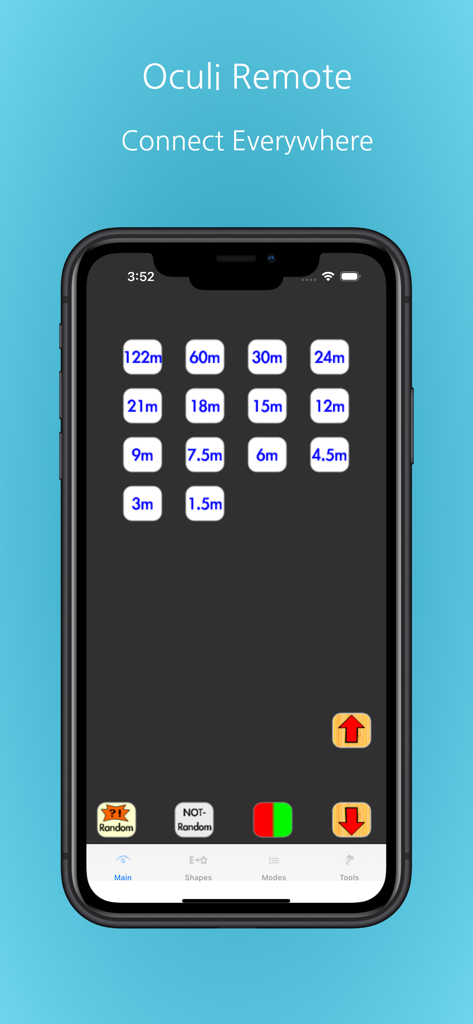 Oculi - Interfaz del control remoto de la aplicación Oculi que muestra botones de selección de distancia para pruebas de visión
