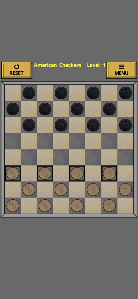 A mobile game screen showing an American Checkers match at level one with black and brown pieces on a checkered board