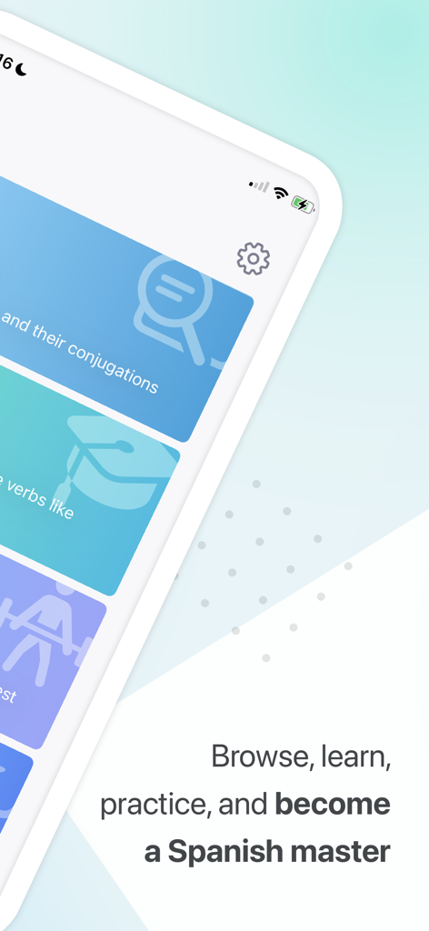 Verbos + - Interface do aplicativo Verbos Plus para aprender e praticar conjugações de verbos em espanhol