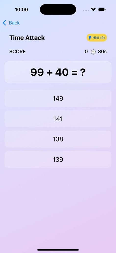Math Rush: Brain Workout - Math Rush app gameplay showing a mental math addition problem in Time Attack mode