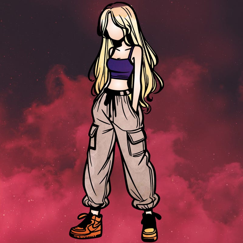girl in baggy pants crop top and long hair