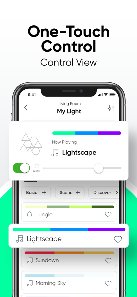 Nanoleaf - Nanoleaf mobile app interface showing the one touch control view with smart lighting scenes like Lightscape and Jungle.