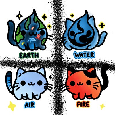 4 cats that represent the different elements, earth, water, air, and fire