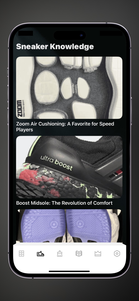 Vidani - La pantalla de un smartphone que muestra la sección Conocimiento de Zapatillas de la aplicación Vidani con artículos sobre las tecnologías Zoom Air y Boost.