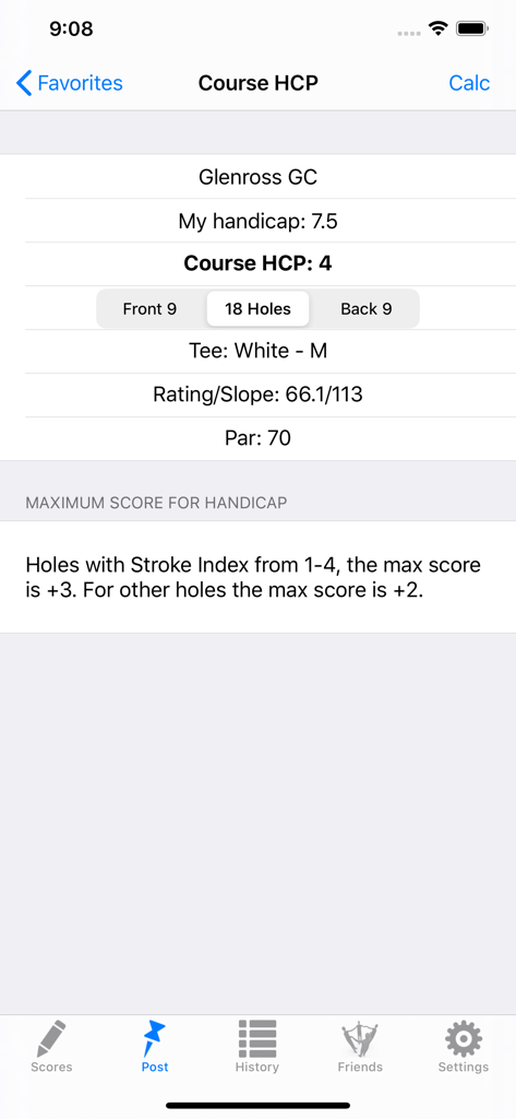 Golf Handicap Tracker & Scores - Golf app screen calculating course handicap for Glenross GC