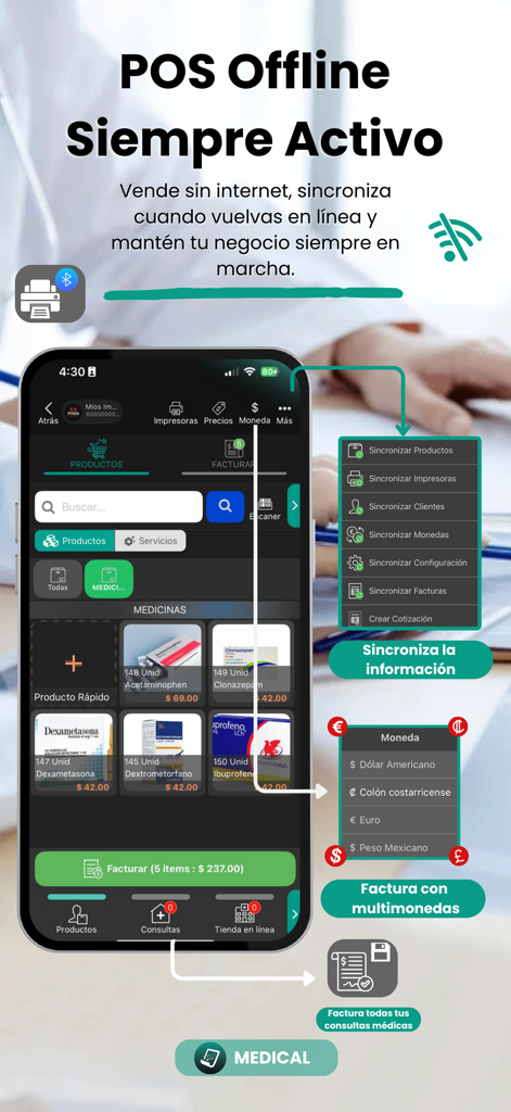 Medicals - Interfaz de la aplicación Medicals destacando funciones de TPV sin conexión y soporte para facturación multidivisa.