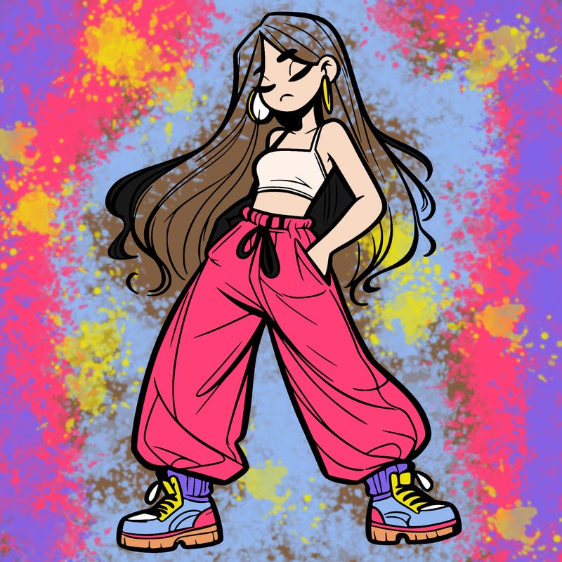 girl in baggy pants crop top and long hair
