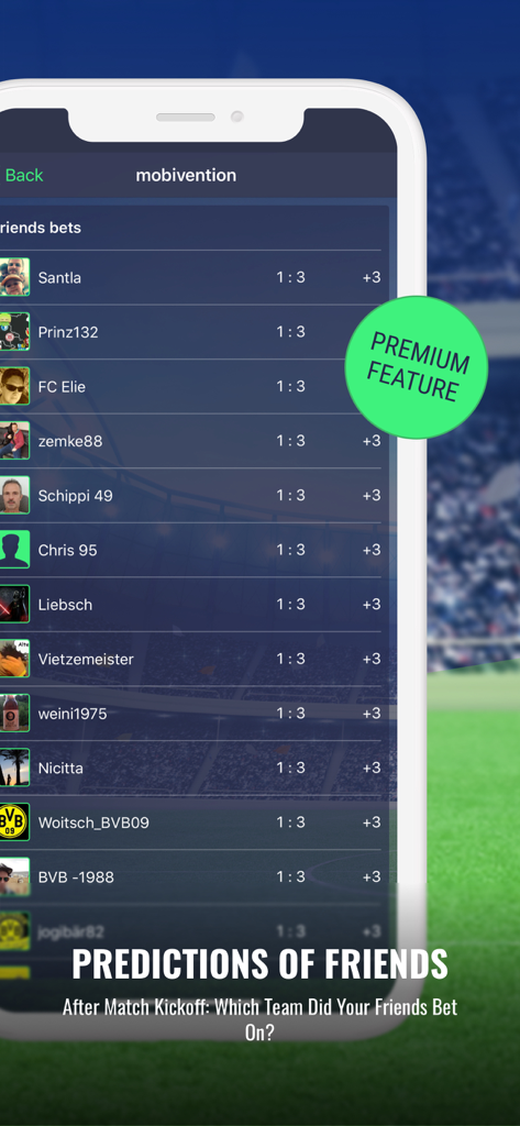 Predictor for Friends app interface showing a list of soccer match score predictions from friends as a premium feature.