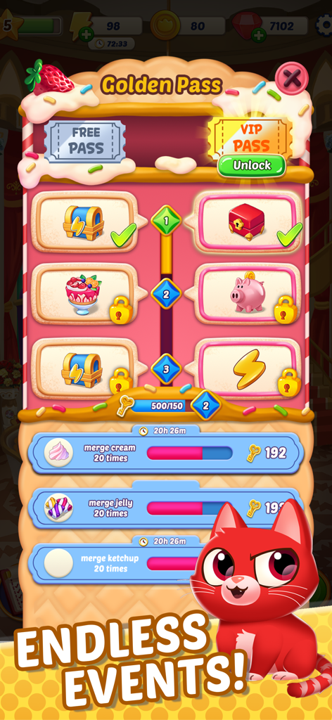 Pantalla de recompensas del Pase Dorado de Merge Cookie Island con misiones diarias y un lindo personaje de gato rojo