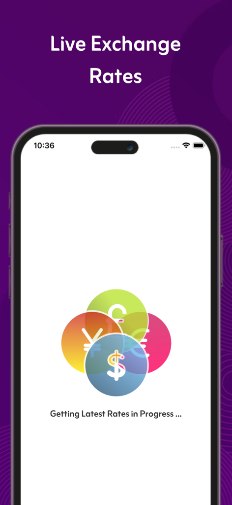 달러, 유로, 파운드, 엔 기호가 표시되는 환율 변환기 앱 로딩 화면