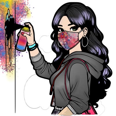 realistic girl with mask spray painting a wall