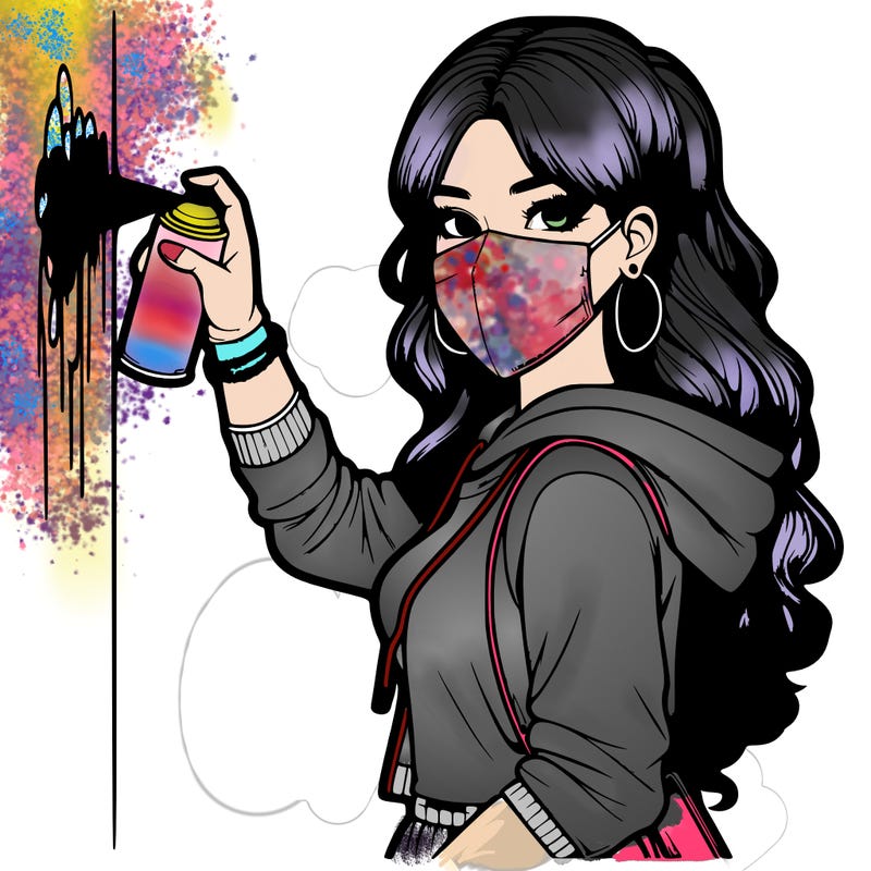 realistic girl with mask spray painting a wall