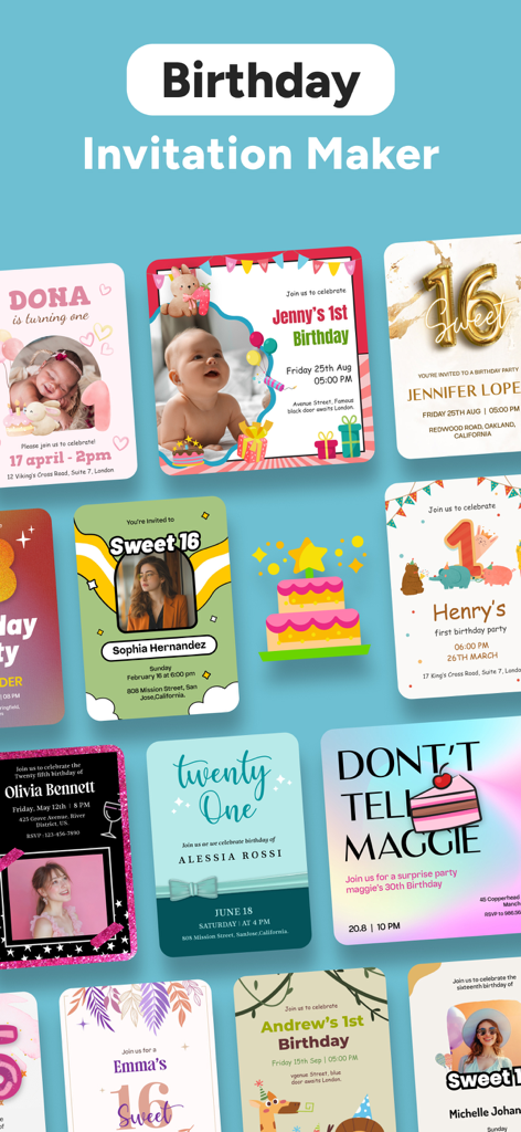 Birthday Invitation Maker ° - A collection of colorful and aesthetic birthday invitation templates for various milestones