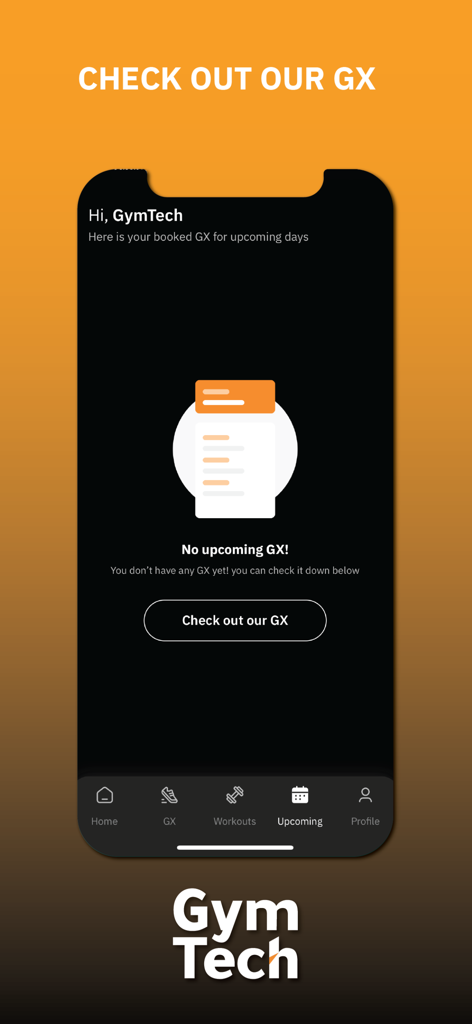 GymTech - GymTech app screen showing the empty state for upcoming group exercise classes with a button to browse and book.