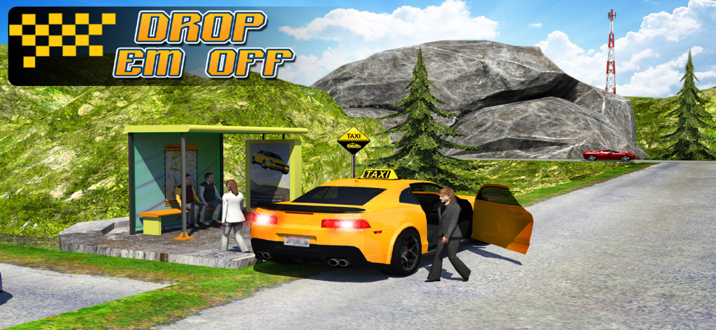 Taxi Driver 3D : Hill Station - Yellow taxi cab dropping off a passenger at a mountain bus stop