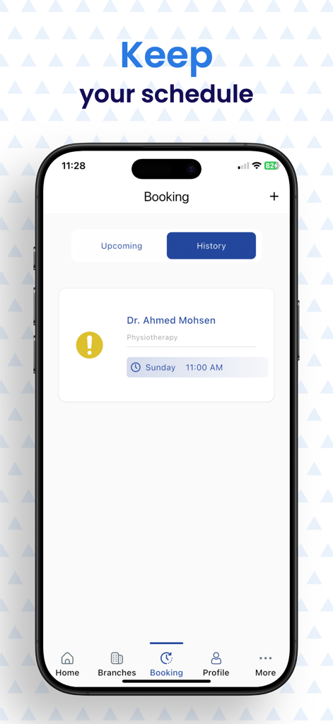 Physio Cure - Pantalla del historial de reservas de la aplicación móvil Physio Cure mostrando una cita de fisioterapia