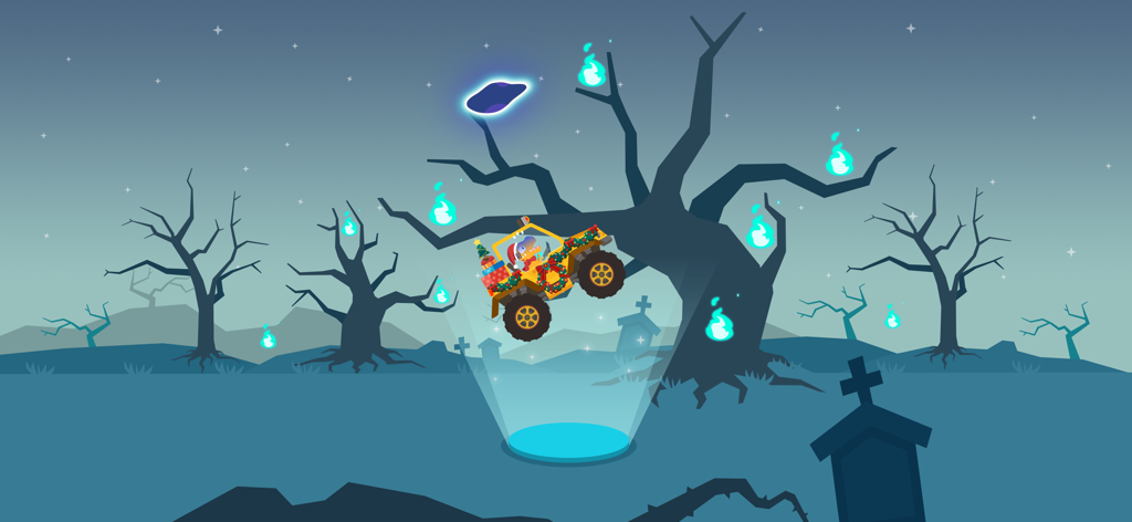 Dinosaur Math Games for kids - A dinosaur driving a monster truck through a spooky graveyard level in the math game