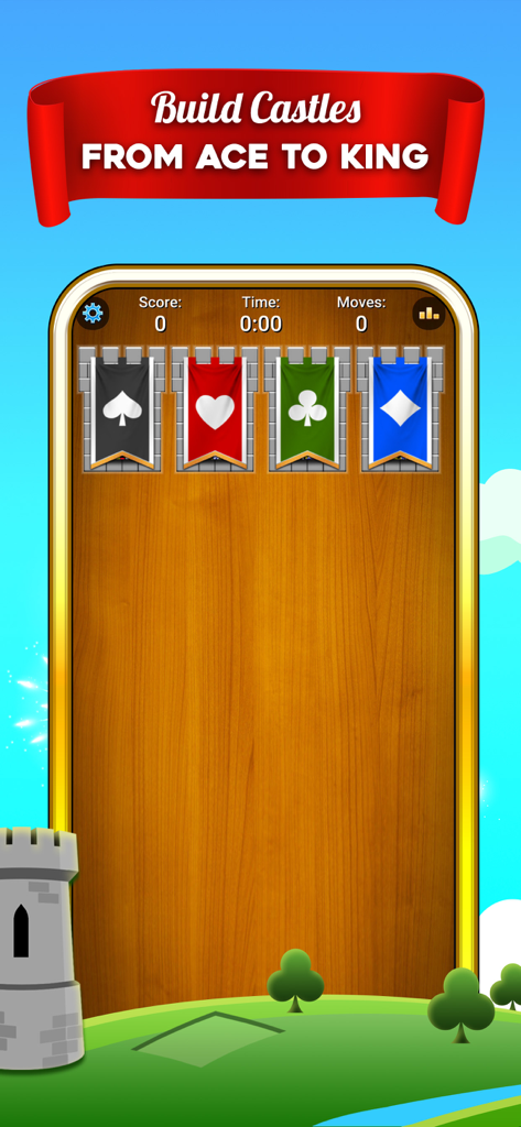 Gameplay screen of Castle Solitaire showing how to build card stacks from Ace to King