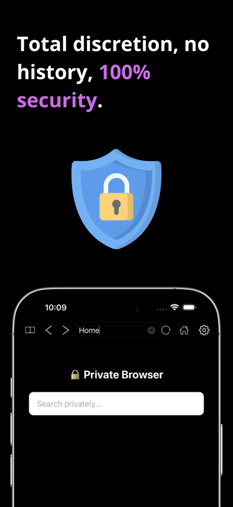 Private Browser : Secure Web - Interface do aplicativo Navegador Privado com um escudo de segurança e barra de pesquisa