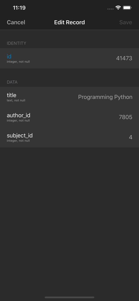 Interface de edição de registro no aplicativo Cliente Postgres por SQLPro mostrando campos de banco de dados
