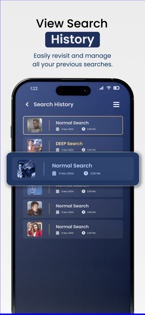 Face Search AI - Una interfaz móvil de la aplicación Face Search AI que muestra una lista del historial de búsqueda de reconocimiento facial anterior con marcas de tiempo.