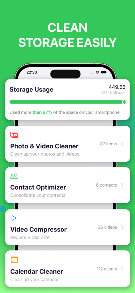 Folix - Dashboard of Folix app showing storage usage and tools to clean photos videos and contacts