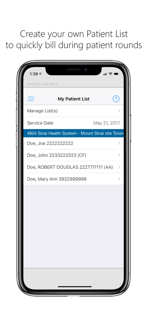 Screenshot of MDBilling.ca mobile app showing a patient list for OHIP billing during medical rounds