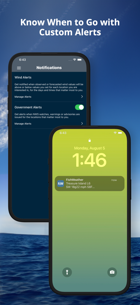 FishWeather: Marine Forecasts - 2つのスマートフォンにFishWeatherアプリからのカスタム風アラートと政府の気象警報の通知が表示されている