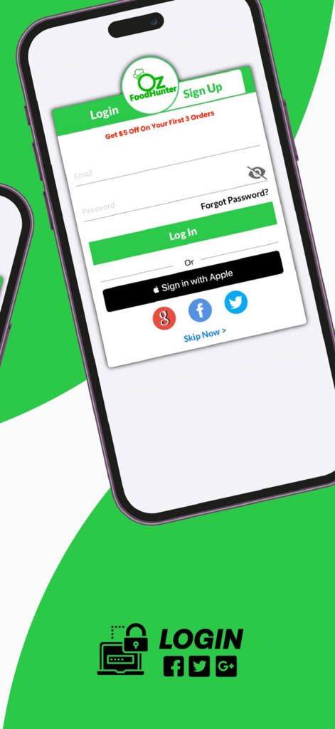 Tela de login do aplicativo OZFOODHUNTER com campos de e-mail e opções de login social