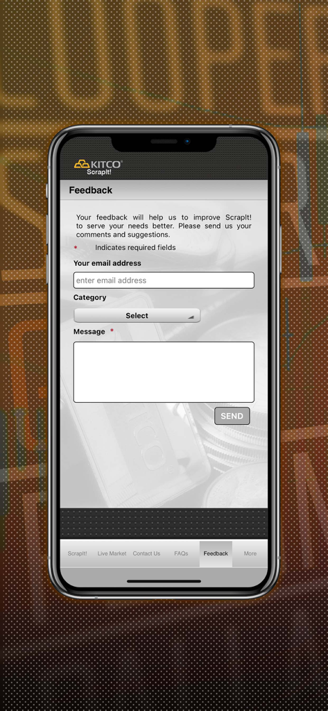 The feedback form page in the Kitco ScrapIt app showing fields for email category and message