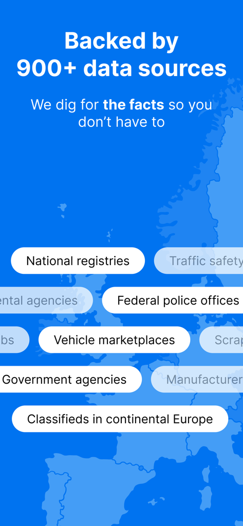carVertical app screen showing over 900 vehicle data sources for car history reports