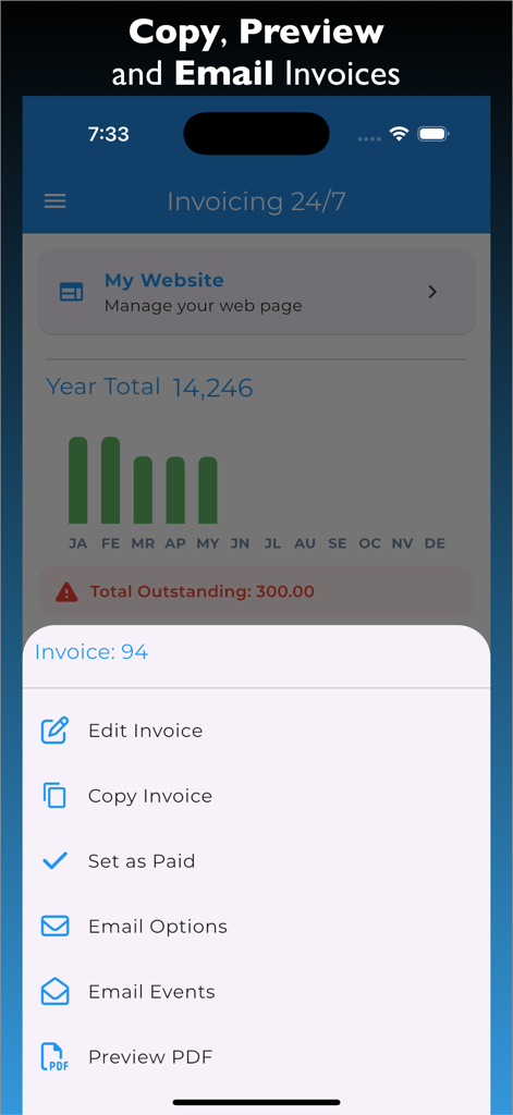 Invoicing 24/7 mobile app screen displaying options to edit copy and email invoices for freelancers