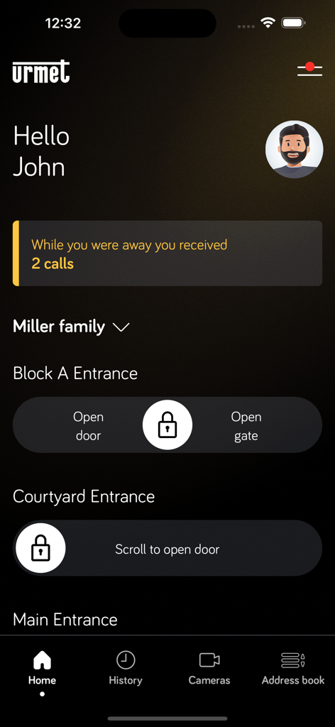 Urmet CallMe Uin - Tela inicial do aplicativo Urmet CallMe Uin com controles remotos de abertura de portas e portões