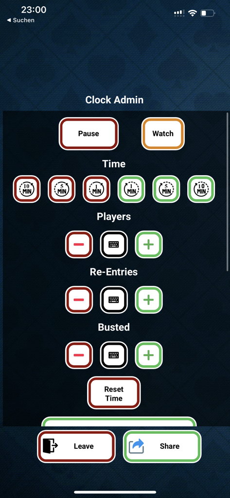 Bullets Poker Clock admin dashboard on iPhone showing tournament management controls for time, players, re-entries, and busted participants.