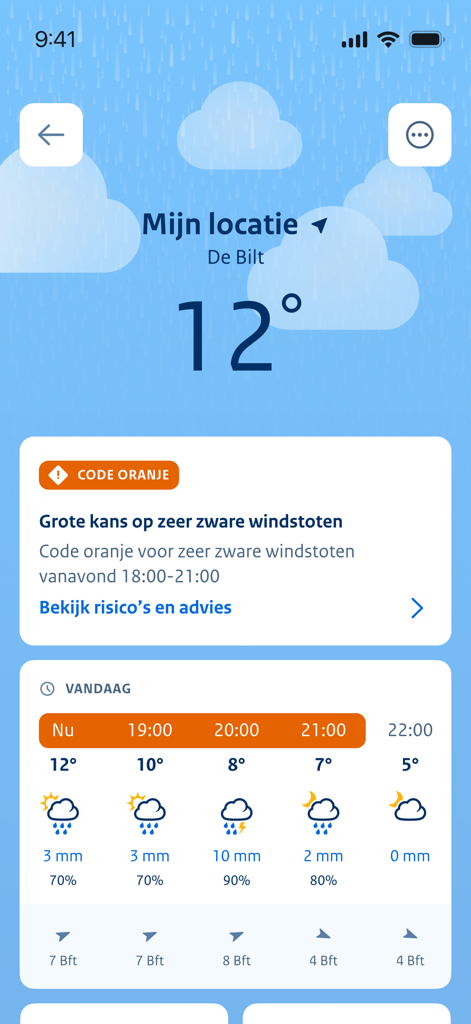 KNMI Weer - KNMI 날씨 앱 인터페이스에 강풍에 대한 코드 오렌지 날씨 경보와 시간별 강우량 예보가 표시됩니다.