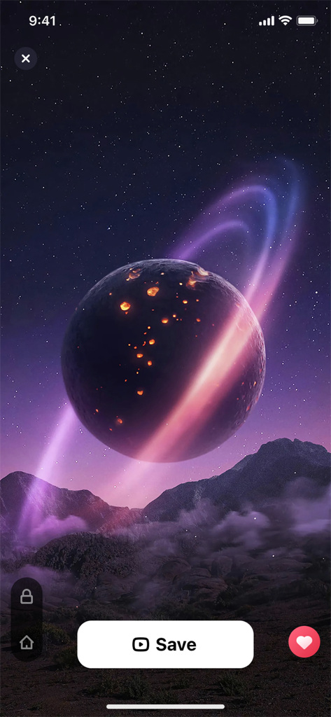 Wallpaper X – 4K HD wallpapers - Vista previa de la aplicación Wallpaper X que muestra un fondo de pantalla cósmico espacial 4K con un planeta brillante con anillos sobre montañas