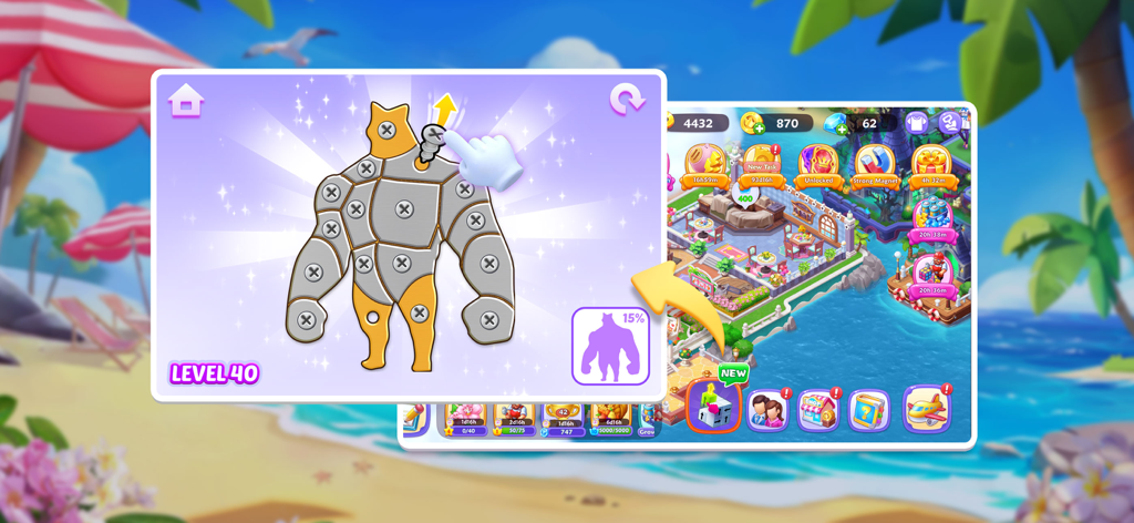 Merge Topia-Screw Jam - A screenshot showing a logic screw puzzle overlaying the tropical resort building gameplay in Merge Topia-Screw Jam.