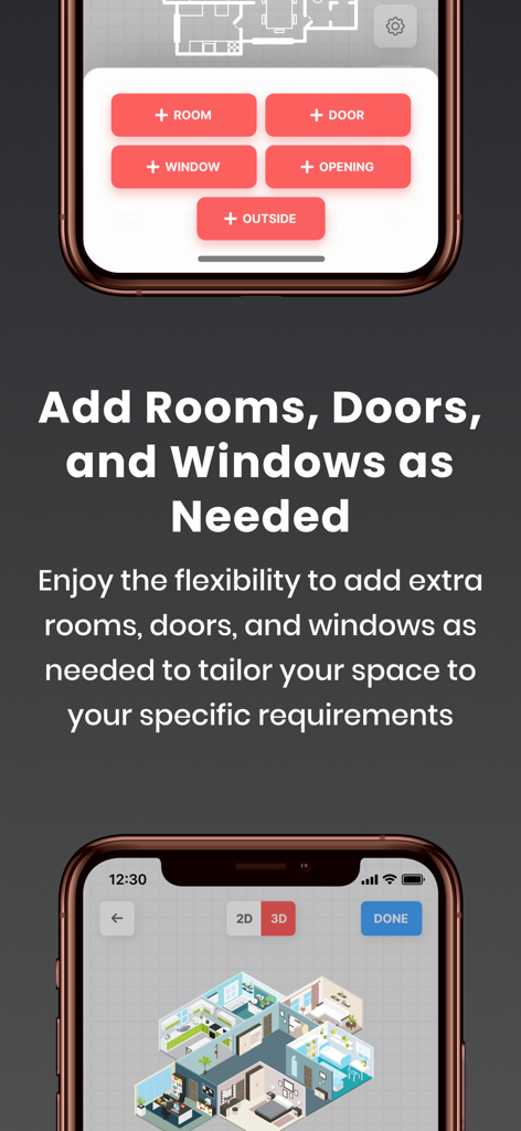 Abode - Home Design & Remodel - Interfaz de la aplicación Abode que muestra opciones para agregar habitaciones, puertas y ventanas con una vista previa del plano de planta 3D