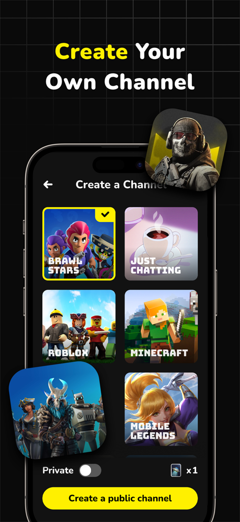 CastChat - Voice Chat & Match - Pantalla de smartphone que muestra la interfaz de CastChat para crear un canal de voz para juegos como Brawl Stars, Roblox y Minecraft.