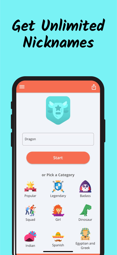 Screenshot of the Nickname Fire app showing nickname categories like Popular, Legendary, and Squad for gamers.