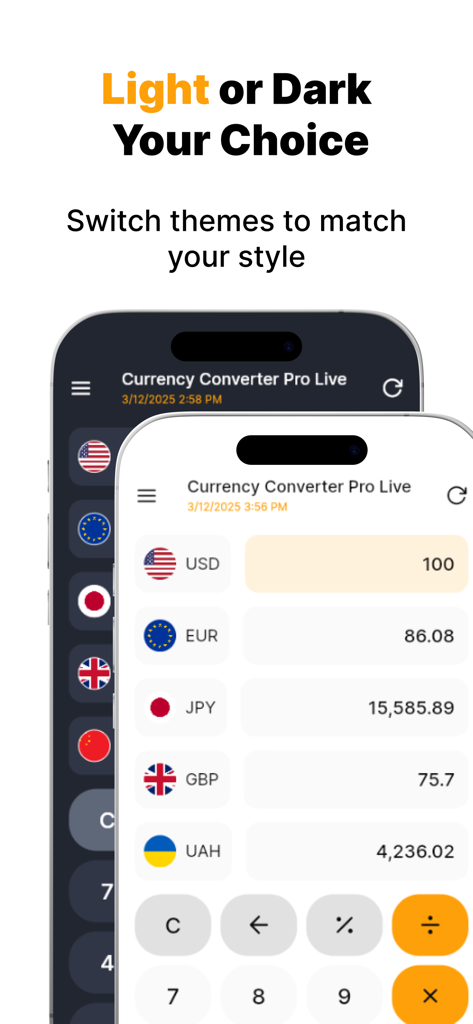 Currency Converter Pro Live - Currency Converter Pro Live app displaying light and dark theme interface options