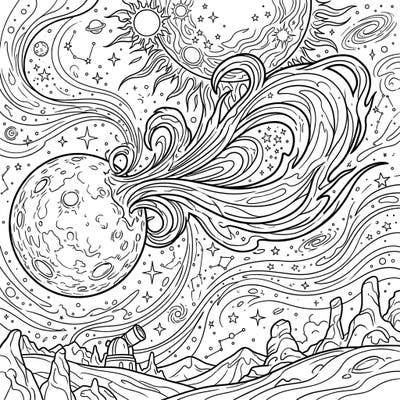 Dive into a spectacular celestial event where solar flares erupt against the serene backdrop of a starry night. This dynamic coloring page invites you to explore the awe-inspiring beauty of the cosmos from the comfort of your home.