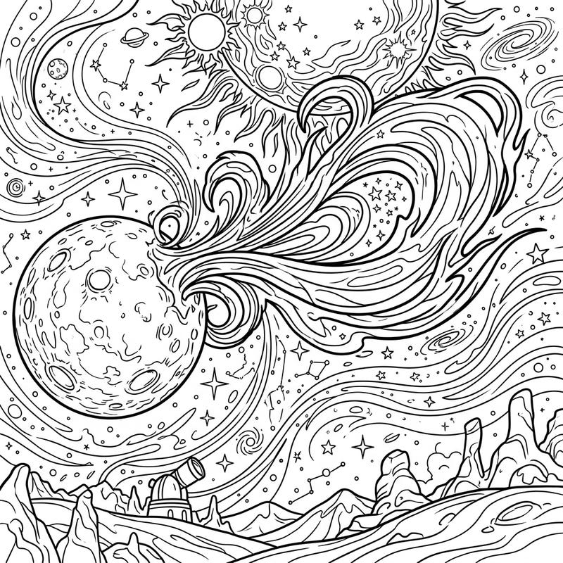 Dive into a spectacular celestial event where solar flares erupt against the serene backdrop of a starry night. This dynamic coloring page invites you to explore the awe-inspiring beauty of the cosmos from the comfort of your home.