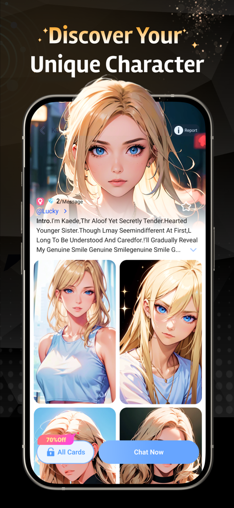 Lucky AI - Soulful AI Game - A screenshot of the Lucky AI Soulful AI Game app showing an anime-style character profile for Kaede with options to chat.