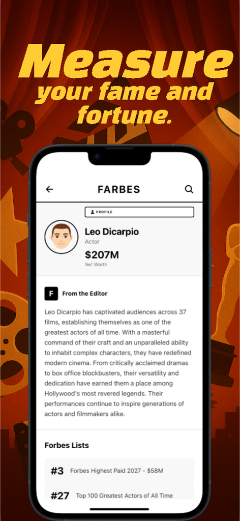 ActorLife-Actor Life Simulator - A mock magazine profile in the ActorLife simulator showing a famous actor's net worth and career rankings