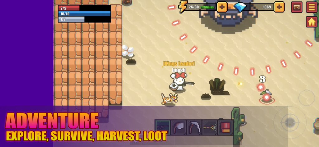 Screenshot di gameplay di Shooting Survival che mostra un personaggio 2D pixel art che esplora un mondo per raccogliere e saccheggiare